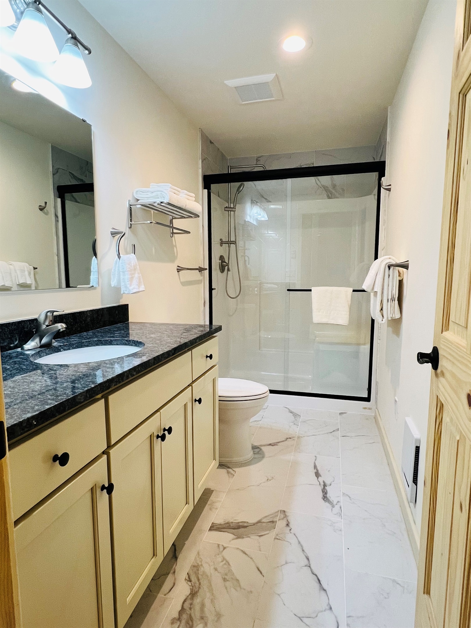 Downstairs bathroom offers walk-in shower, both waterfall and handheld shower heads and plenty of drawer and counter space.  Very private.