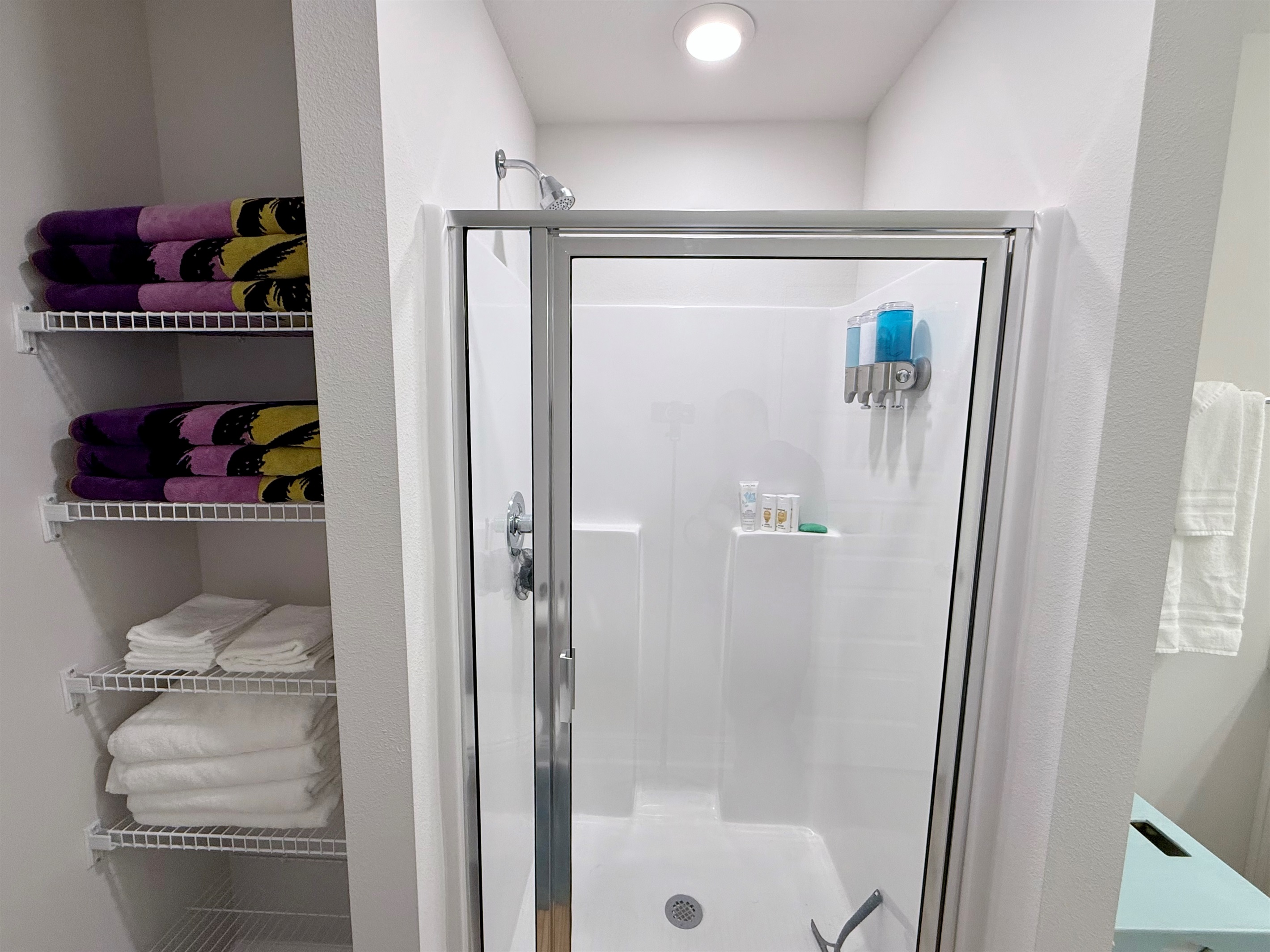 Primary shower with select toiletries provided