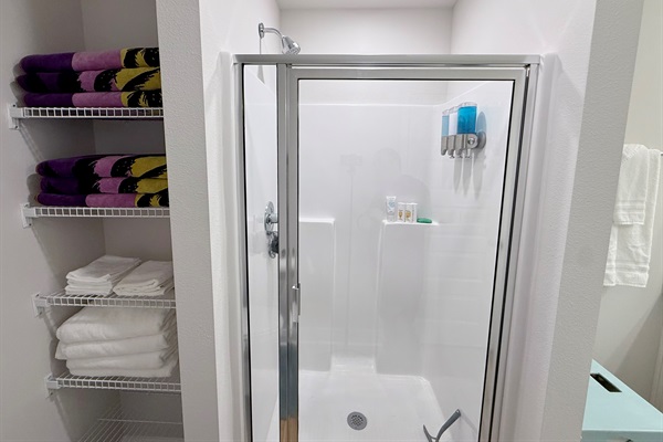 Primary shower with select toiletries provided