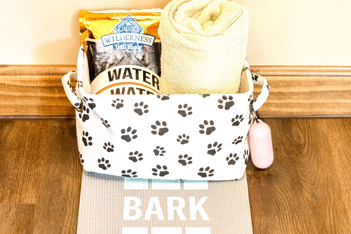 Your pup, our amenities! Plus, poo can on pond deck, foot drying towels! You bring their crate (for their happy home away from home) plus special toys.