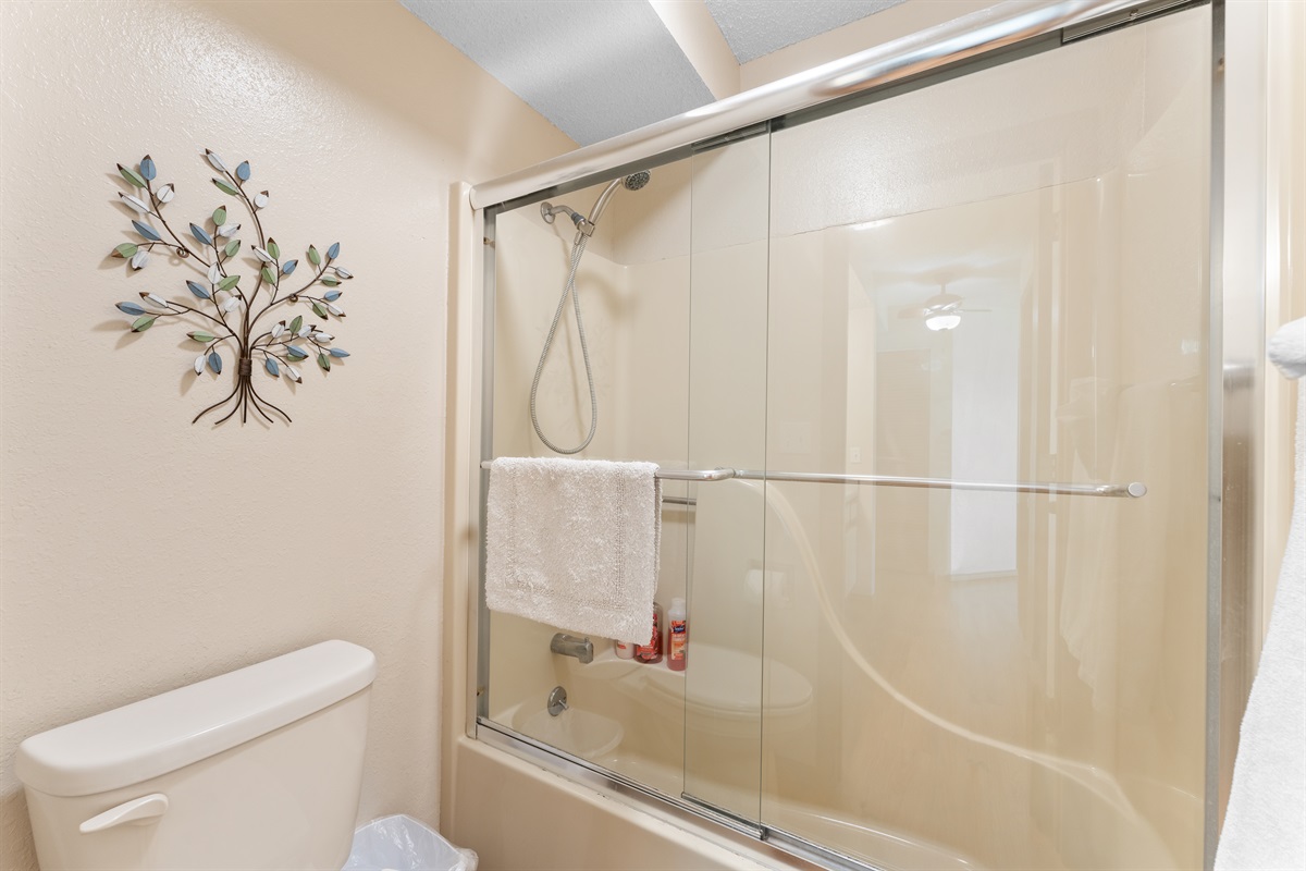 Full tub/shower combo in the guest bath—fresh towels always included.