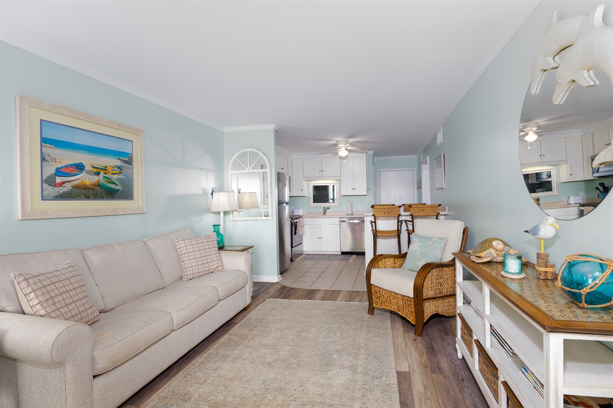 Looking into the kitchen and dining area from the living room