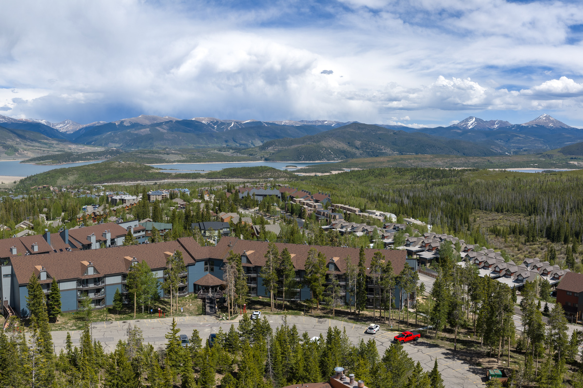 Aerial view of complex with Lake Dillon in background