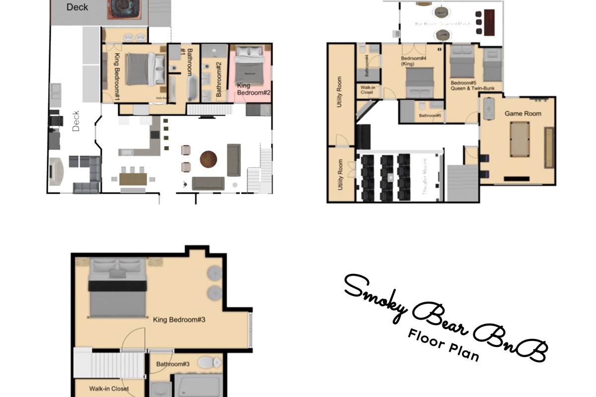Explore the Spacious Layout! See All 3 Levels of Smoky Bear BnB's Floor Plan.