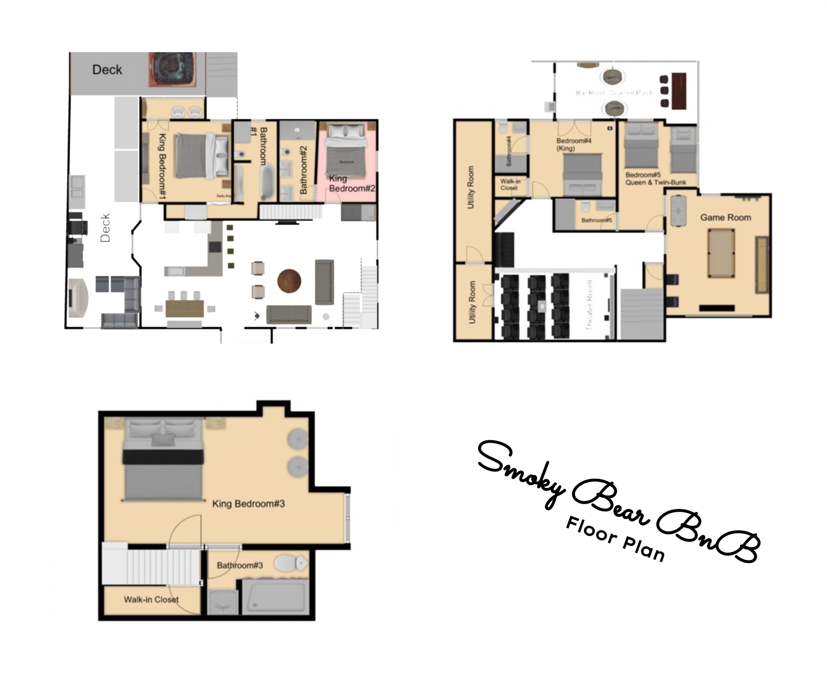 Explore the Spacious Layout! See All 3 Levels of Smoky Bear BnB's Floor Plan.