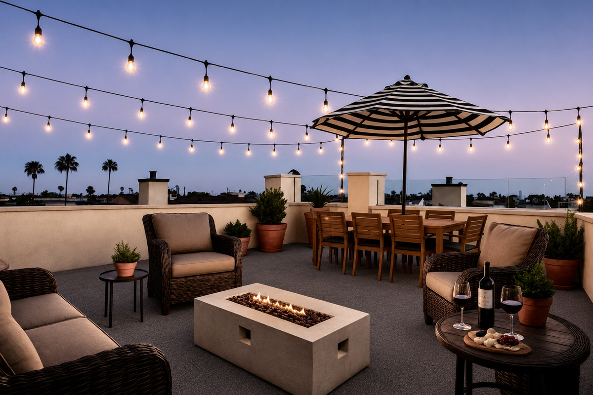 Roof deck amenities include a grill, dining area, fire pit, and cozy lounge furniture – perfect for evening relaxation.