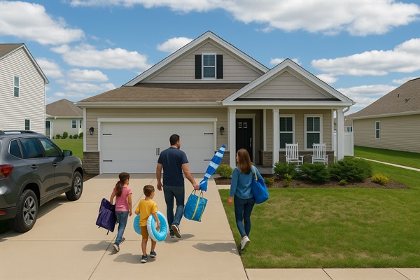 Capture the warmth of arrival as a family of four, beach gear in tow, steps down from their SUV onto the driveway—showcasing ease of access, ample parking, and the promise of shared memories a