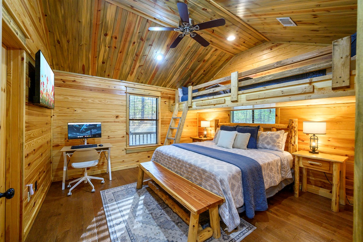 Twin bunks over a King. Desk for work if needed, type C dock.