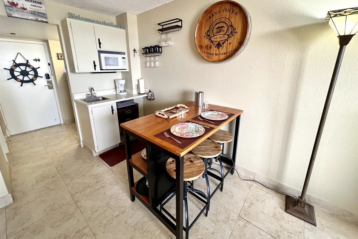 The kitchen is small but well stocked