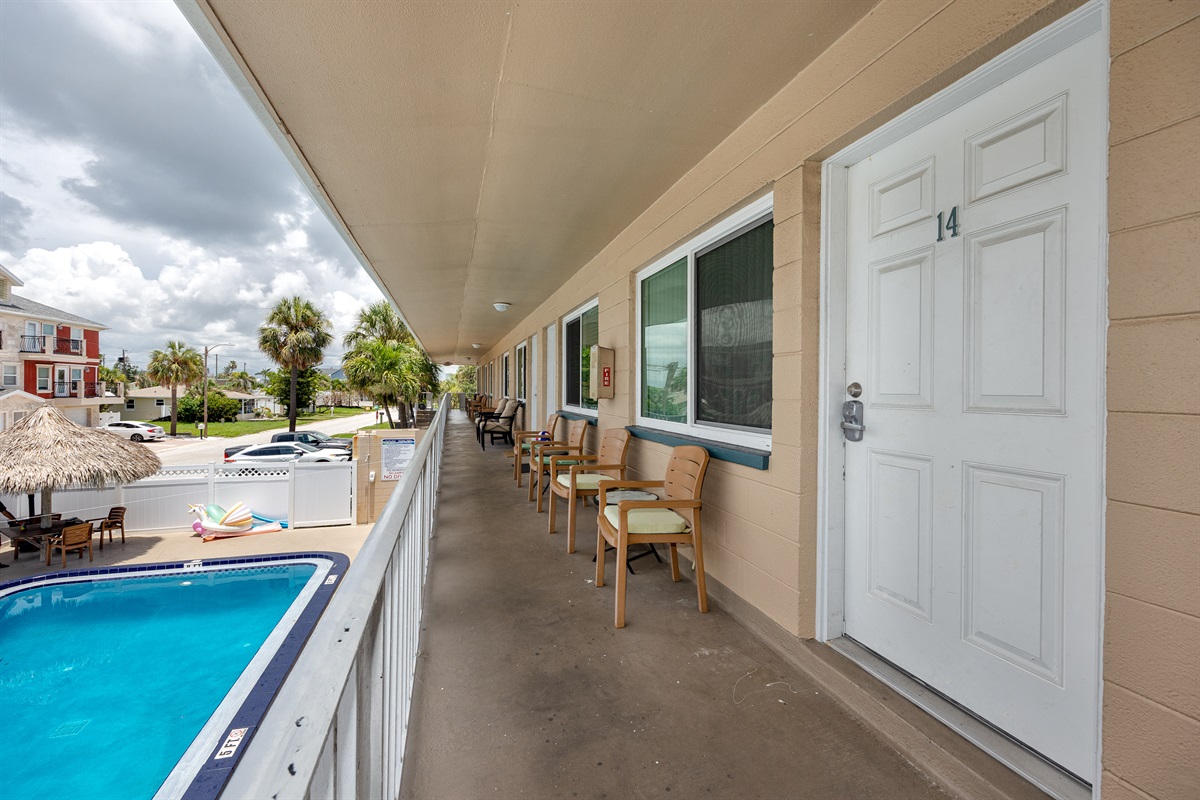 Terrace overlooks the Pool and Tiki Huts