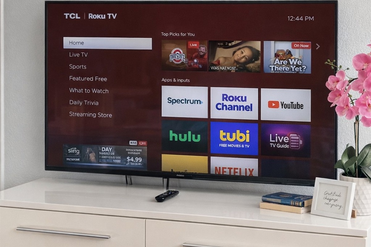 Modern dresser with a large smart TV offering multiple streaming options