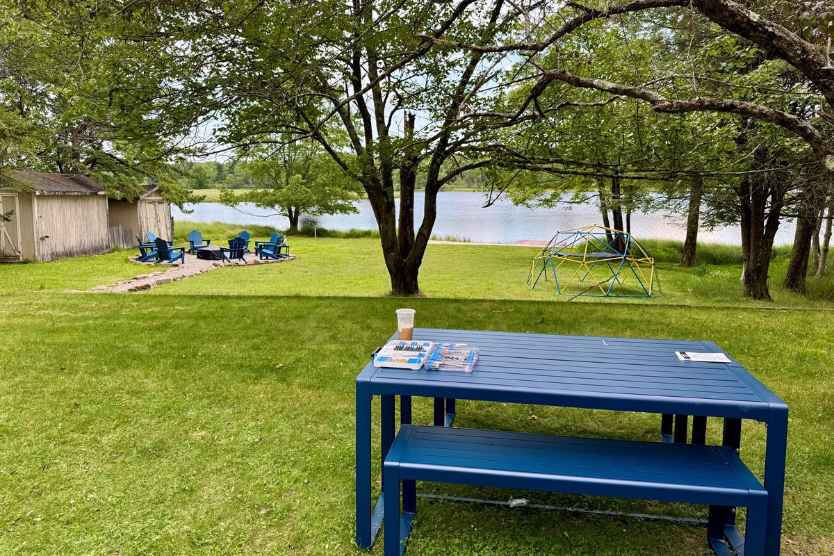 Blue-table picnics — lakeside meals and laughter.