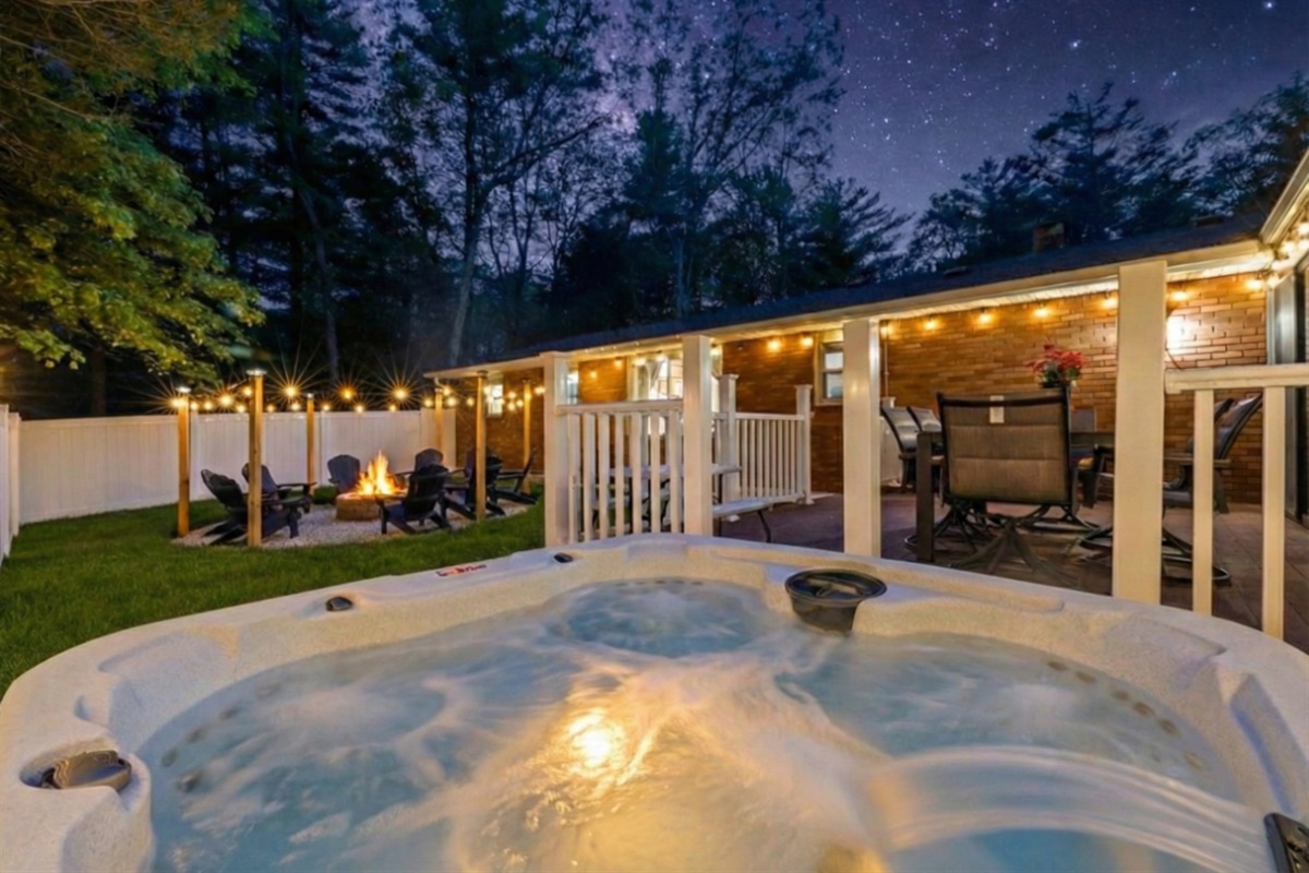 Soak under the stars at night safely in your private fenced in yard