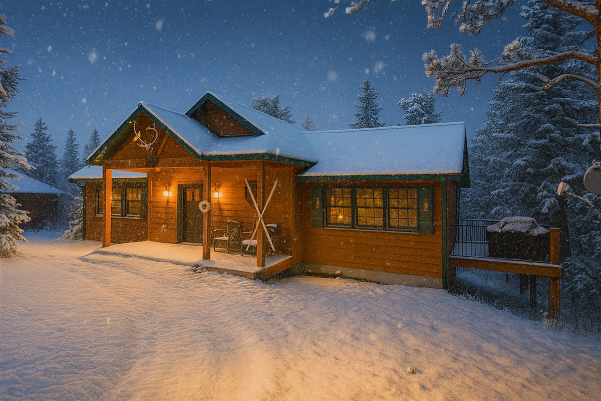Cozy mountain cabin with warm winter glow—perfect for snowy nights and quiet forest mornings.