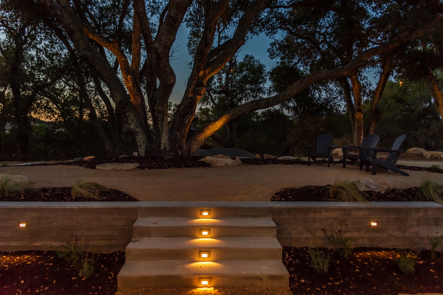 An illuminated stone path leading to a peaceful, oak-shaded seating area at dusk.