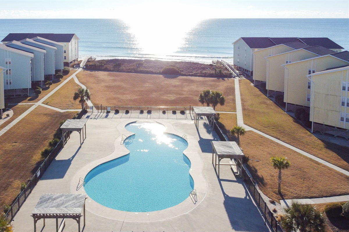 Aerial of the pool and courtyard at Surf Condos