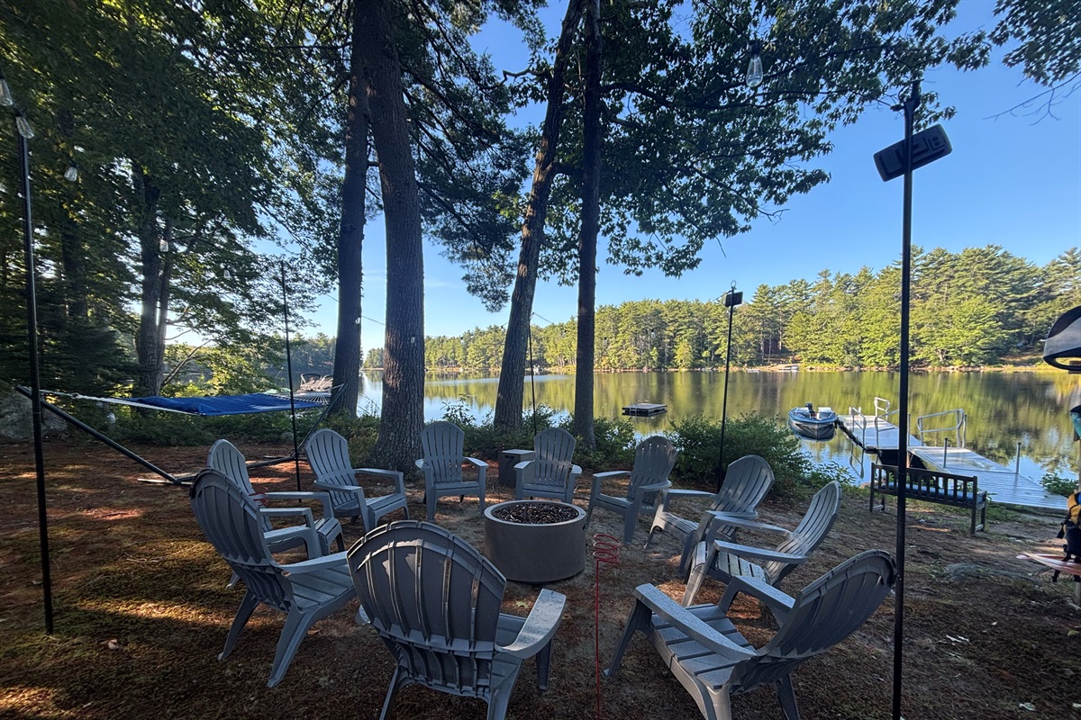 Outside propane firepit with seating for 8