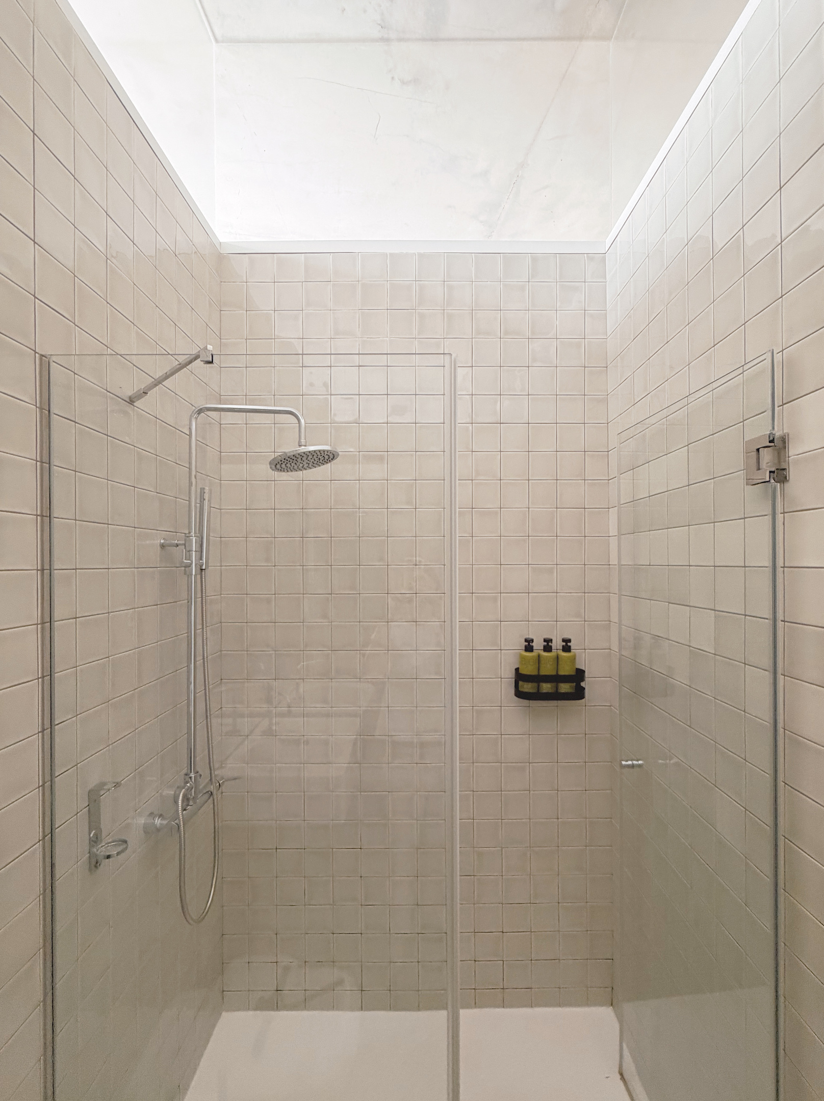 Shower with upper glass surround for natural light.