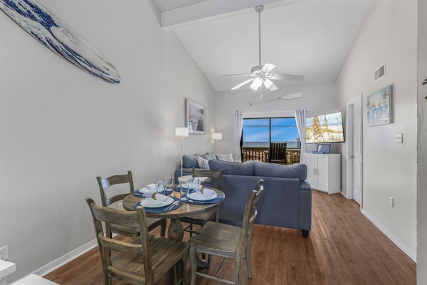Living room and dining room with a view. 