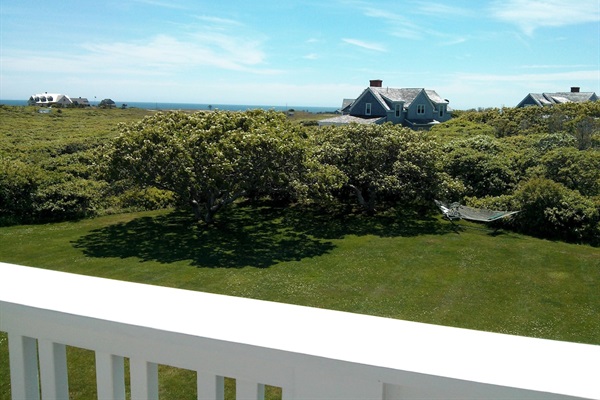 View from the upper deck with water views. See the hammock down in the yard?