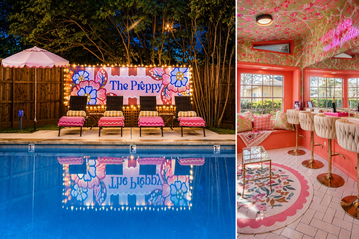 Twilight magic at The Preppy, where the pool mural reflects pure Fort Worth fun. String lights, resort-style loungers, and a pink bar room that means business. This is your girls trip headquarters.