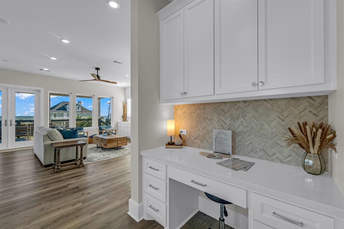 Costa Cristal Workspace: A cozy desk space perfect for working remotely, journaling, or browsing while enjoying your coastal getaway.