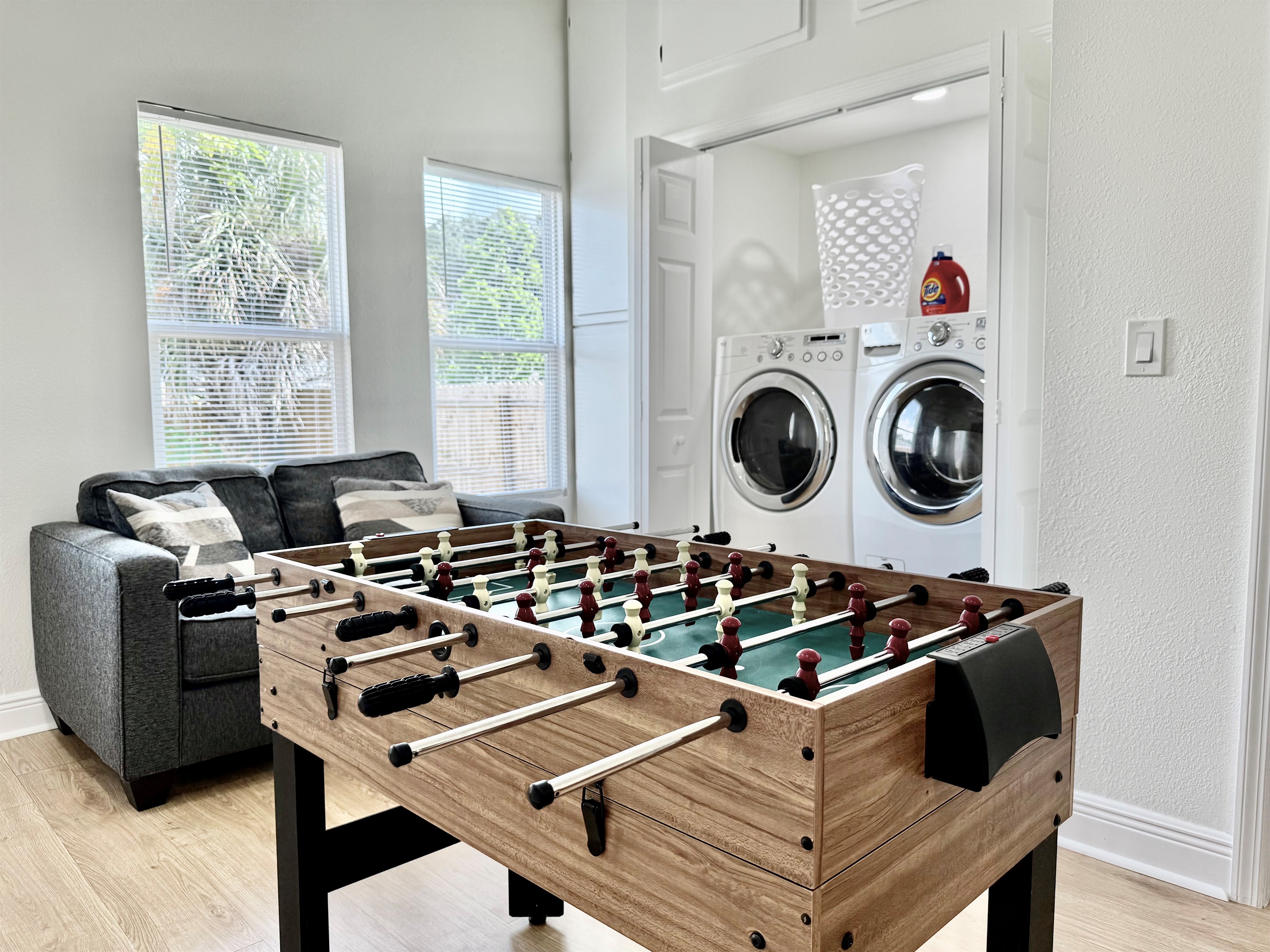 Enjoy some downtime with a lively foosball game, just steps away from the in-home laundry area. Perfect for families, friends, and fun-seekers of all ages.