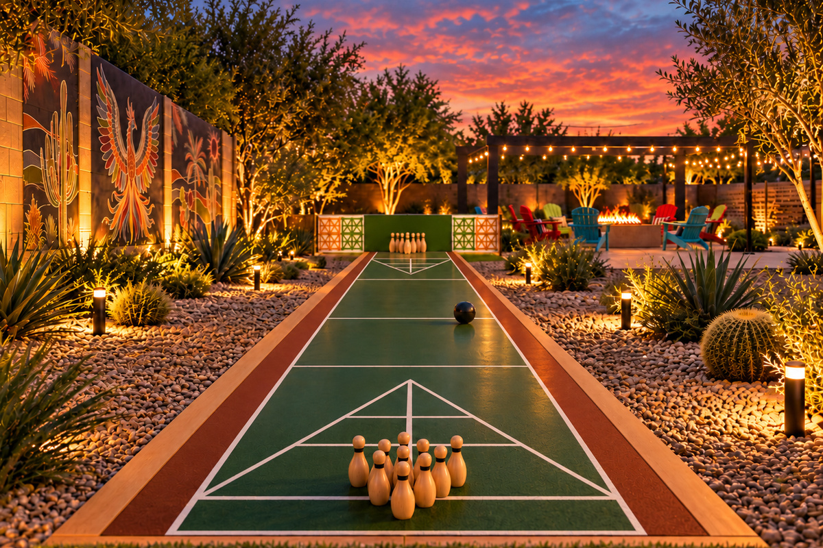 {Outdoor Bowling + Shuffleboard} 🎳 A little friendly competition, the Everwild way! Challenge your crew on our custom outdoor bowling and shuffleboard court, surrounded by desert landscaping, vibrant murals, and twinkling lights.