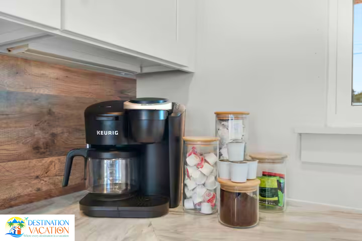 Convenient coffee station makes mornings start beautifully.