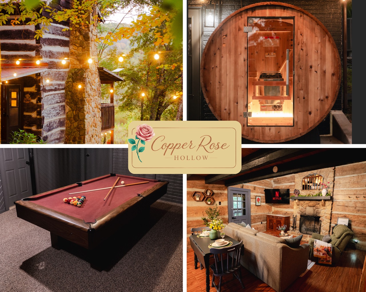 Relax at CopperRose with a cozy fireplace, sauna, pool table, and more.