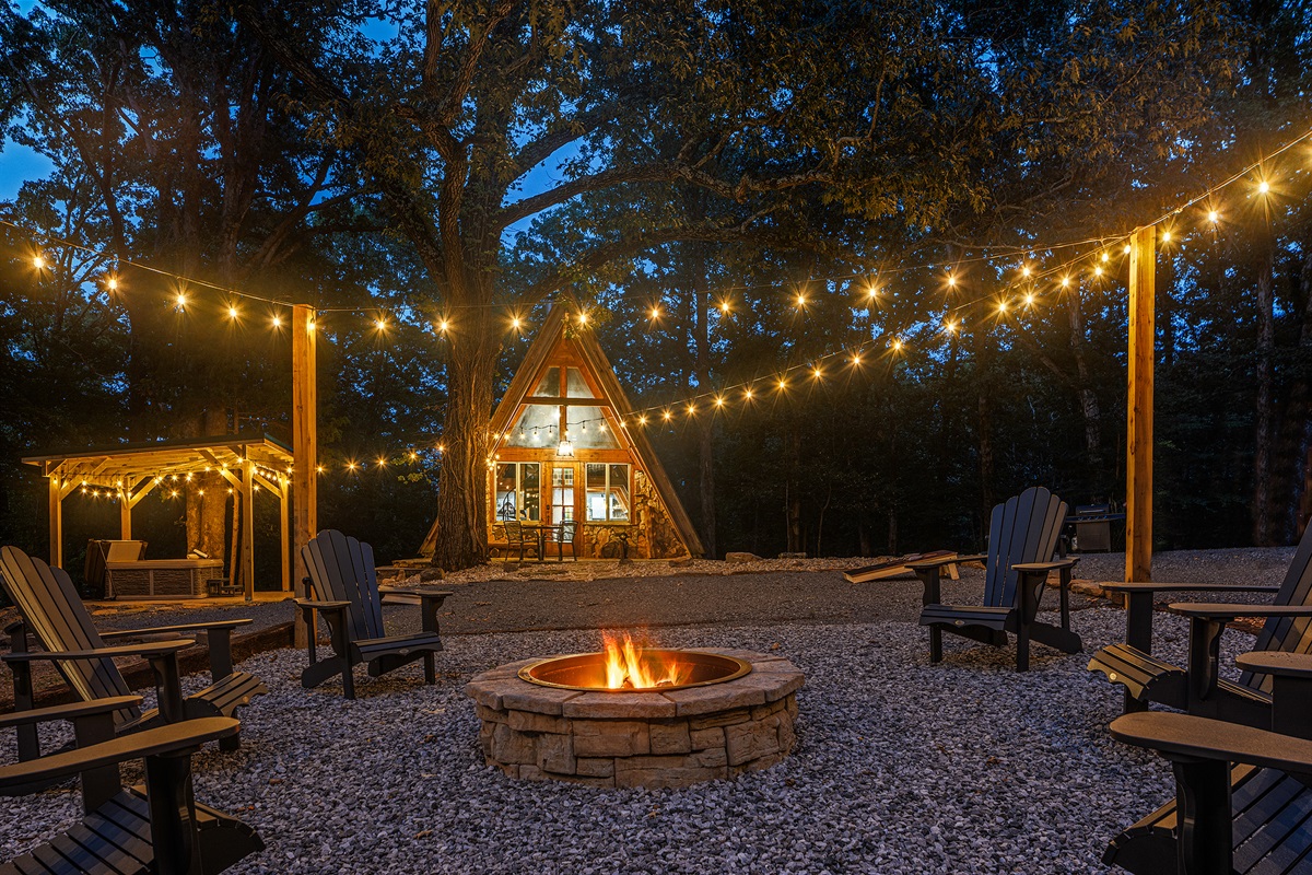 Evenings by the firepit under a canopy of glowing lights.