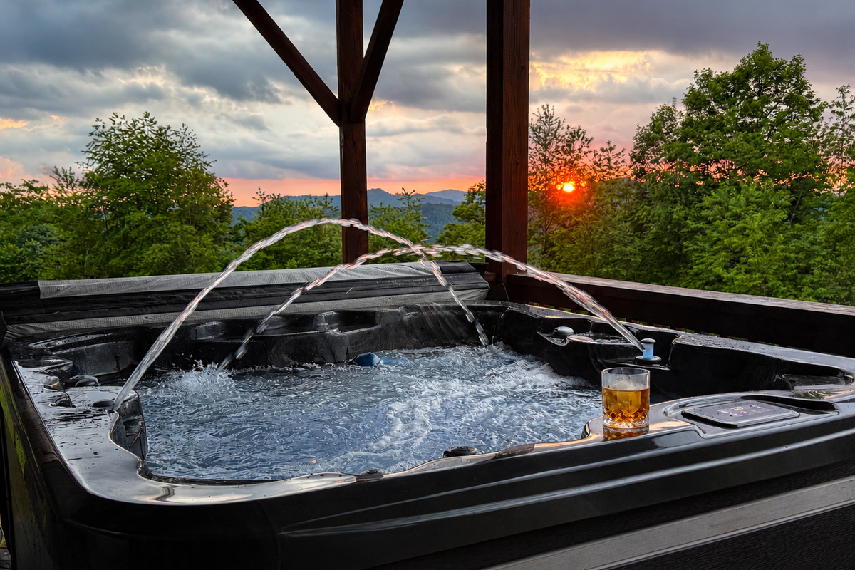 Private hot tub with sweeping Blue Ridge Mountain views, one of the best places at Mars Hill Haven to relax and watch the sunset.