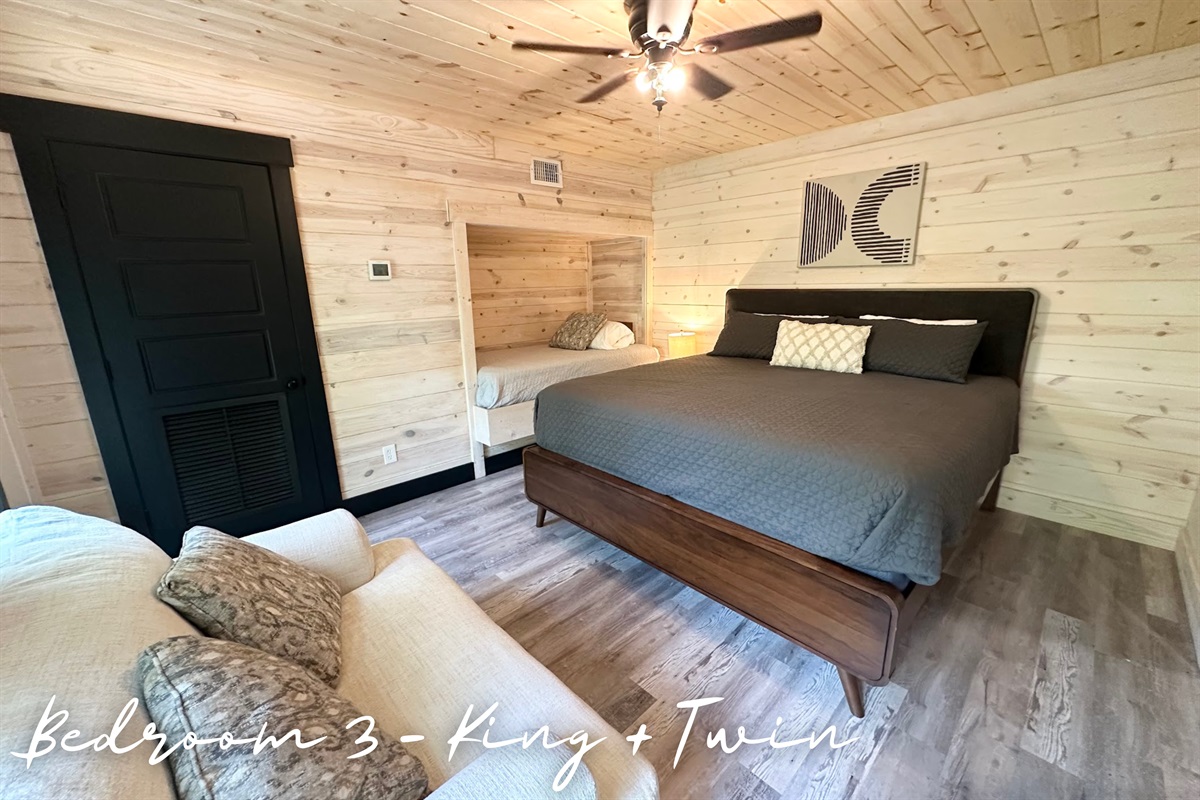 Bedroom 3 includes a king bed and a twin bed, tucked away upstairs in the loft.