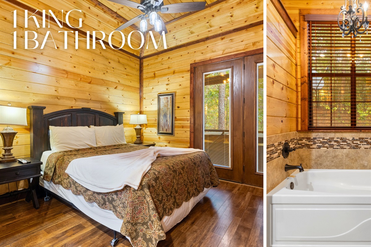 Rest easy in a plush king bedroom with attached bath at White Tail Waters. Peaceful nights, refreshed mornings.
