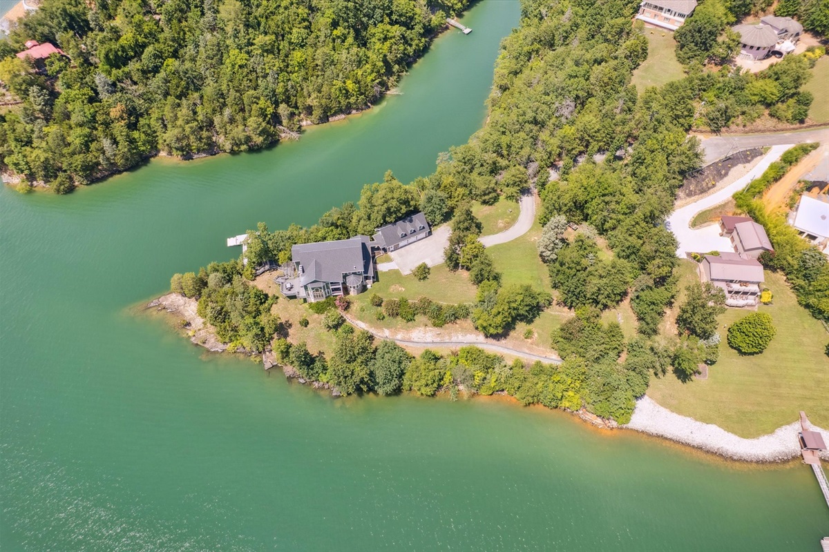 Drone View of House and Garage on Peninsula (water on 3 sides), with no close neighbors