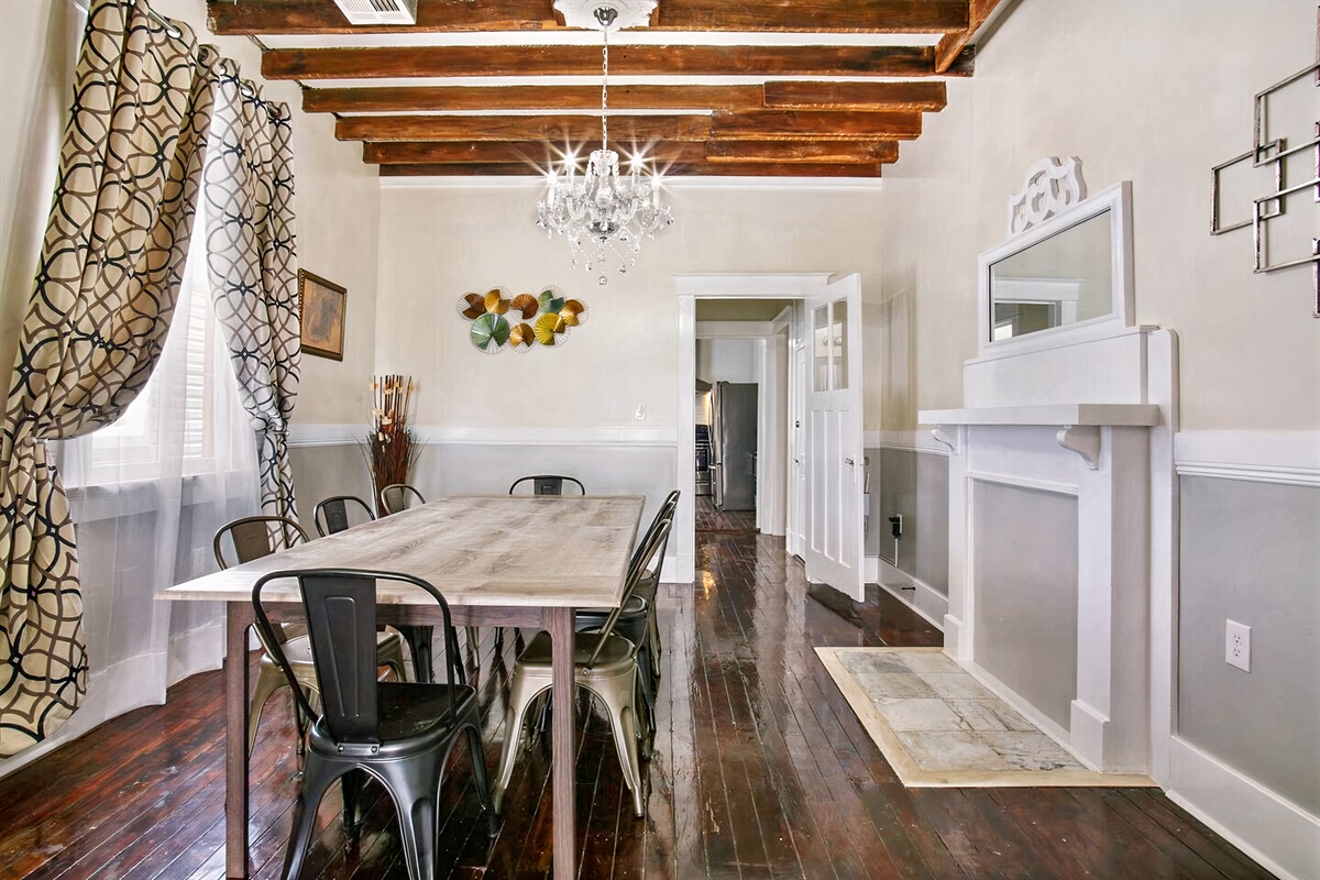 Custom dining room table is 8 feet long & can sit 10.