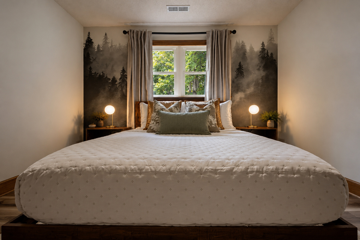 {Bedroom 3} With a serene forest-inspired accent wall, cozy bedding, and large windows that welcome natural light, this bedroom is designed for peaceful mountain mornings.