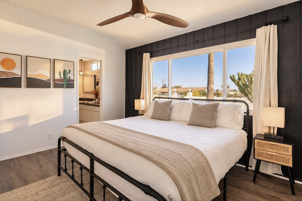 Bedroom 1: king bed with TV, ceiling fan and palm and cactus views