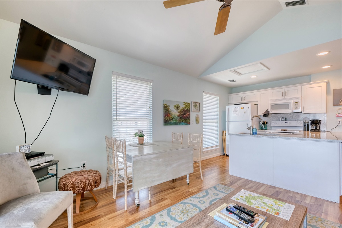 Living space has a HD TV with Dish Network