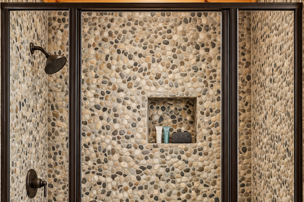 Feel smooth stones massage your feet in the glass-enclosed walk-in shower.