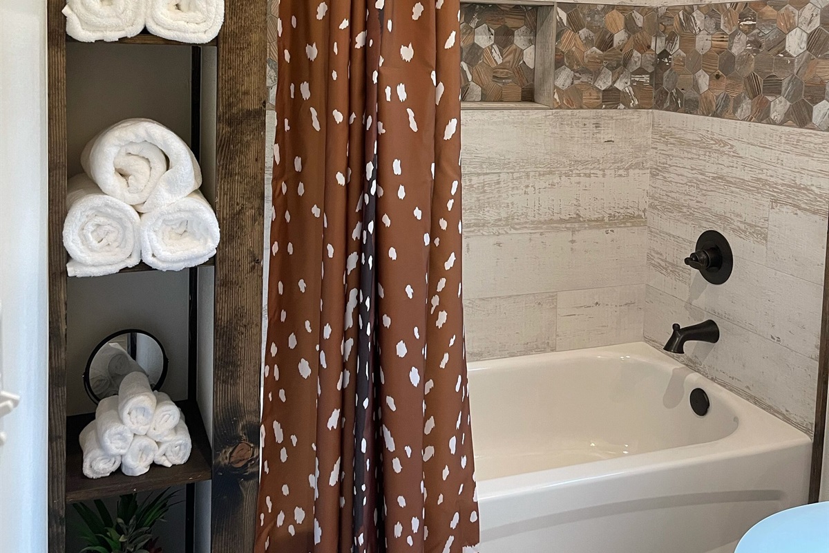 Full bathroom off the upstairs loft with plenty of storage space for all.