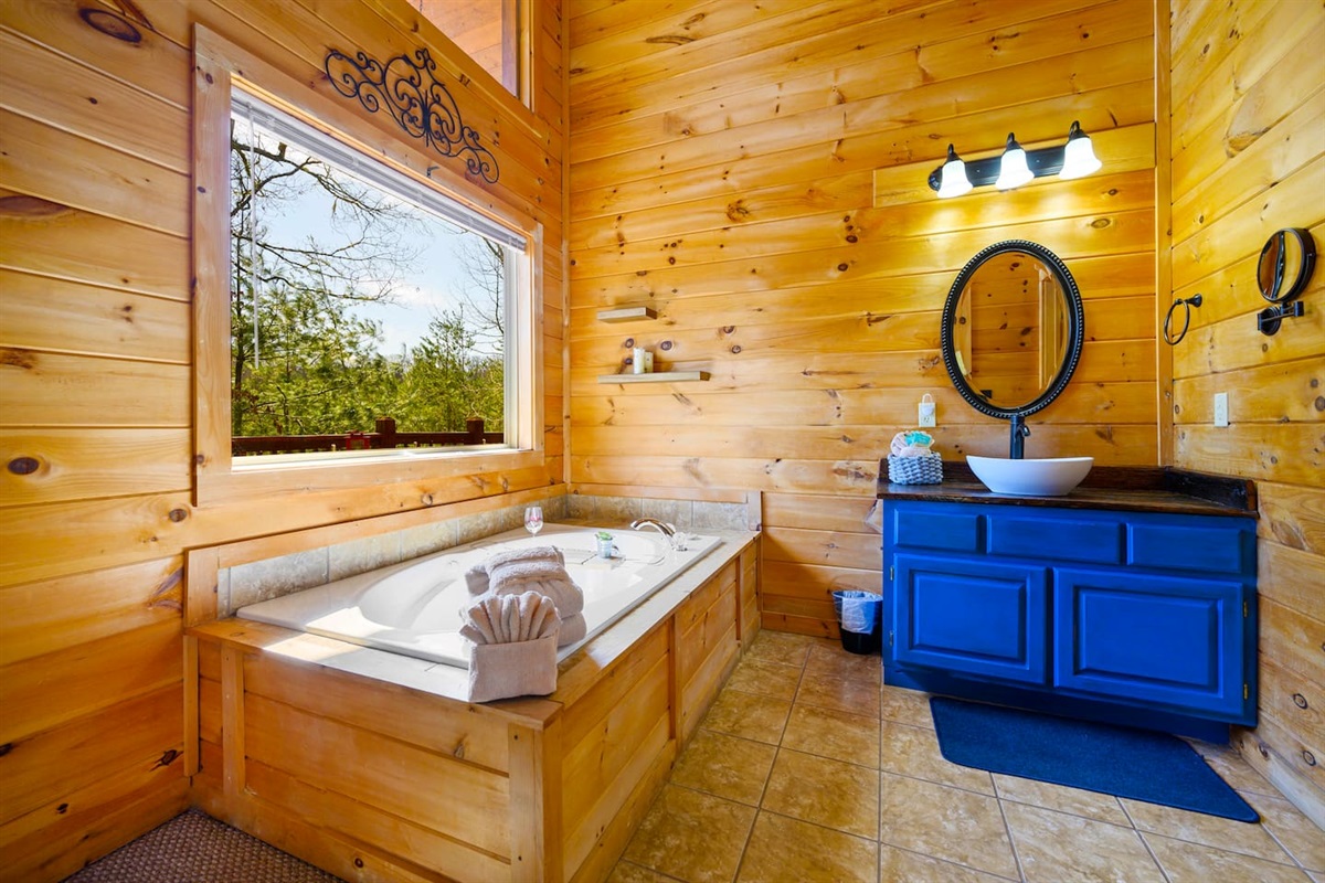 Superb color pop to contrast the beautiful wood in this cabin.