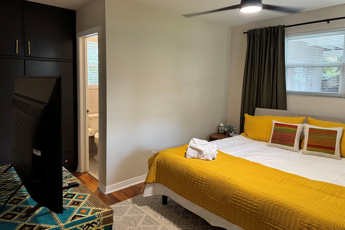 Enjoy the natural light in the bedroom or close up the blinds and curtains for a cozy night's sleep.