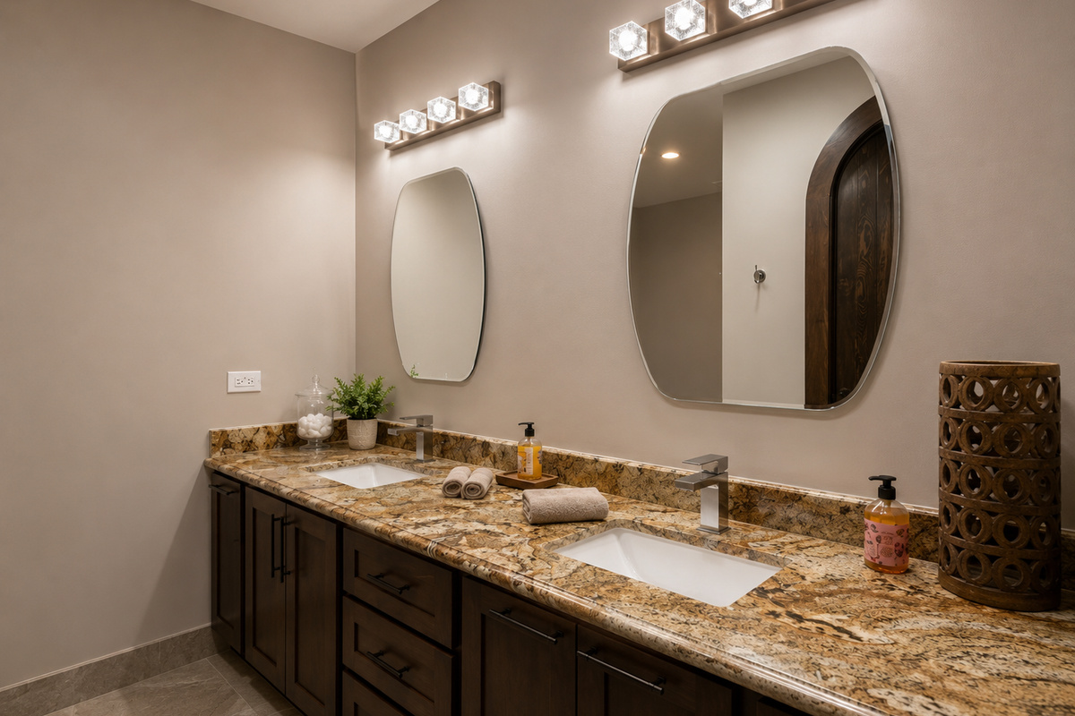 Casita 3:  Private en-suite bathroom with a double vanity and a large walk-in shower.