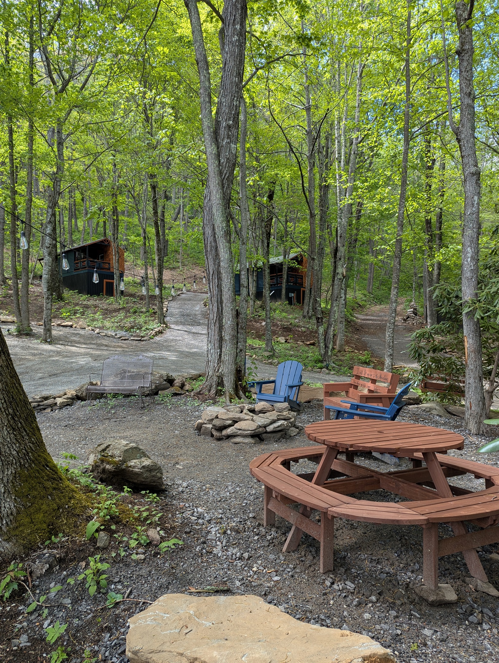 Community firepit and propane grill short walk from your cabin. Which is the last one on the left in this picture. 