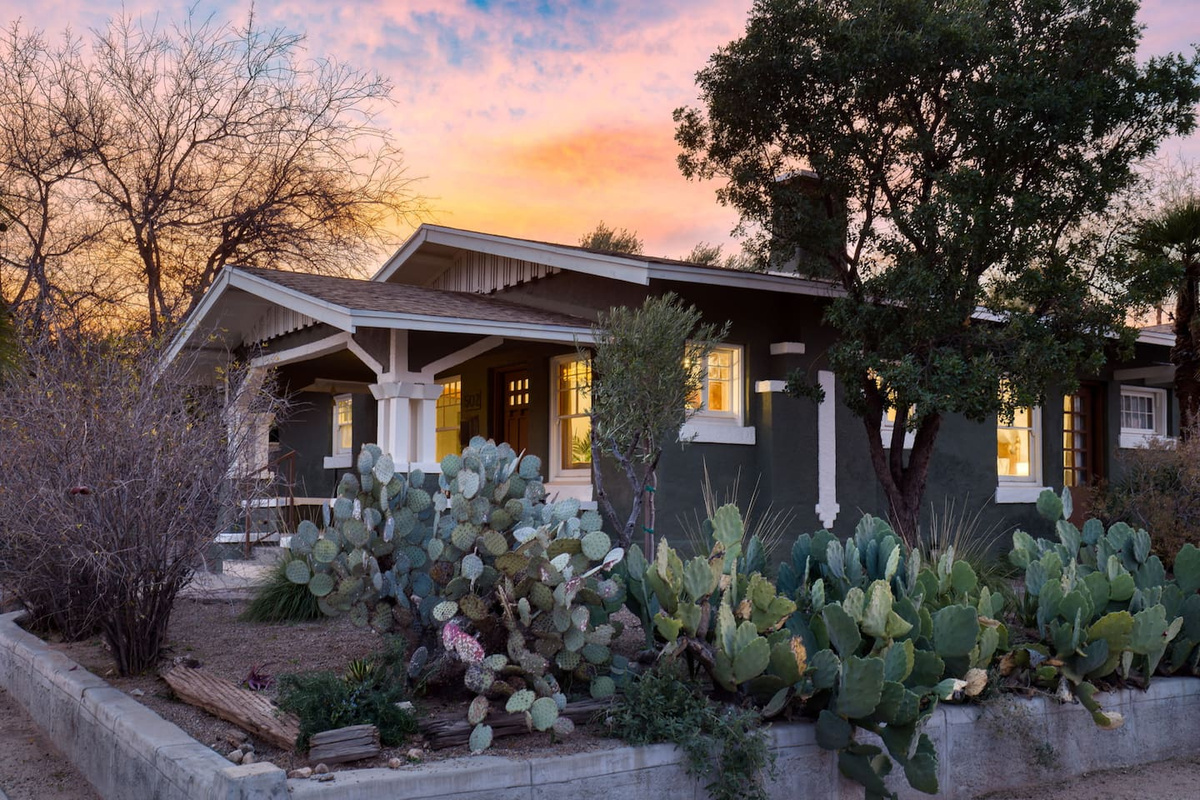 front porch with mature desert landscaping