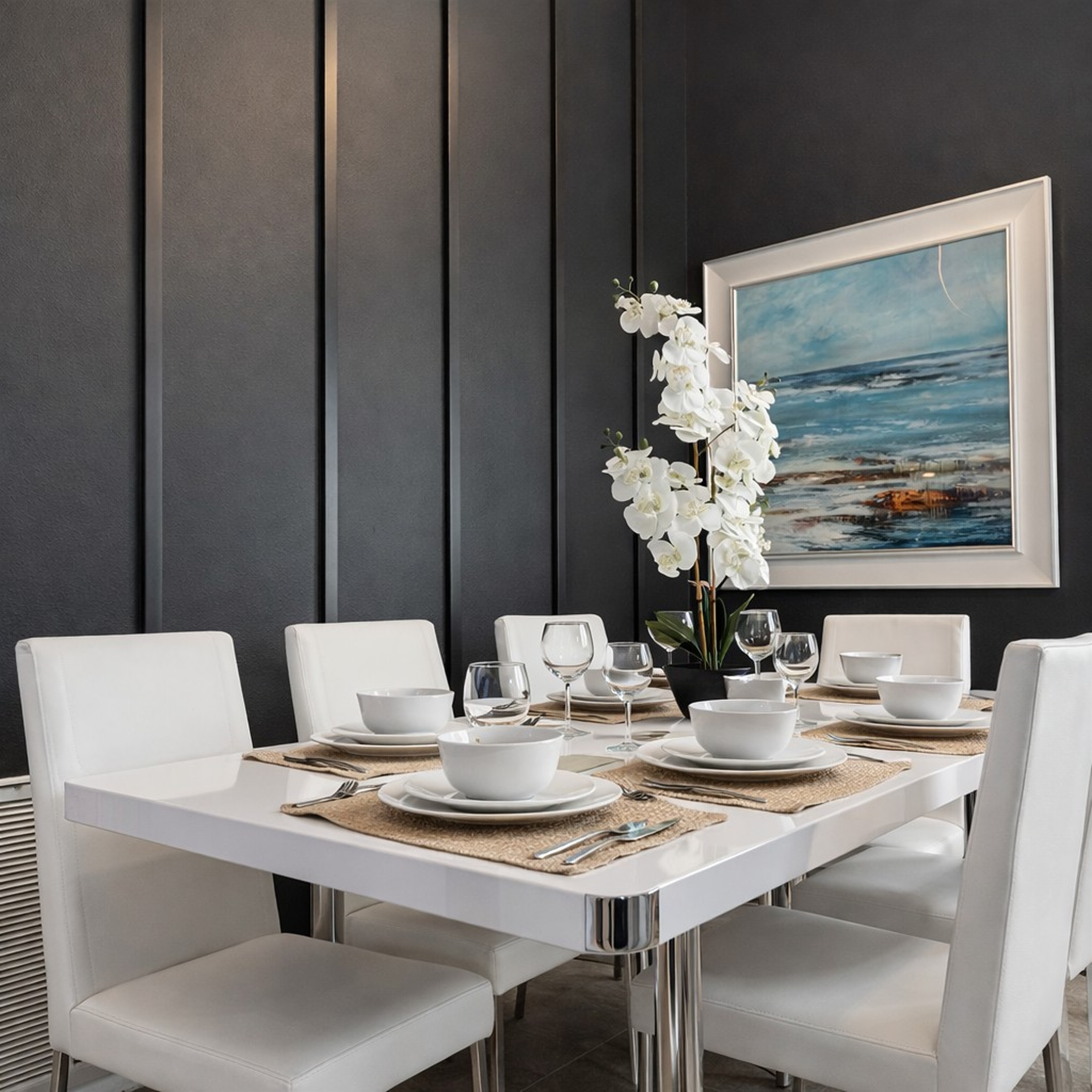 Modern dining area with a sleek white table set for four and a coastal-themed painting.