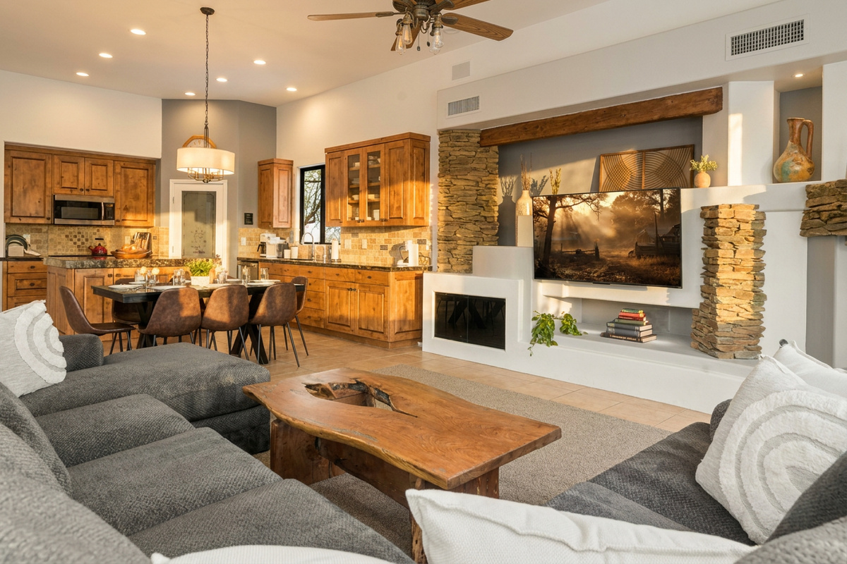 Relax in the spacious great room, featuring a plush sectional perfect gathering with family and friends. Enjoy stunning views through the huge windows that bring the beauty of the outdoors in.