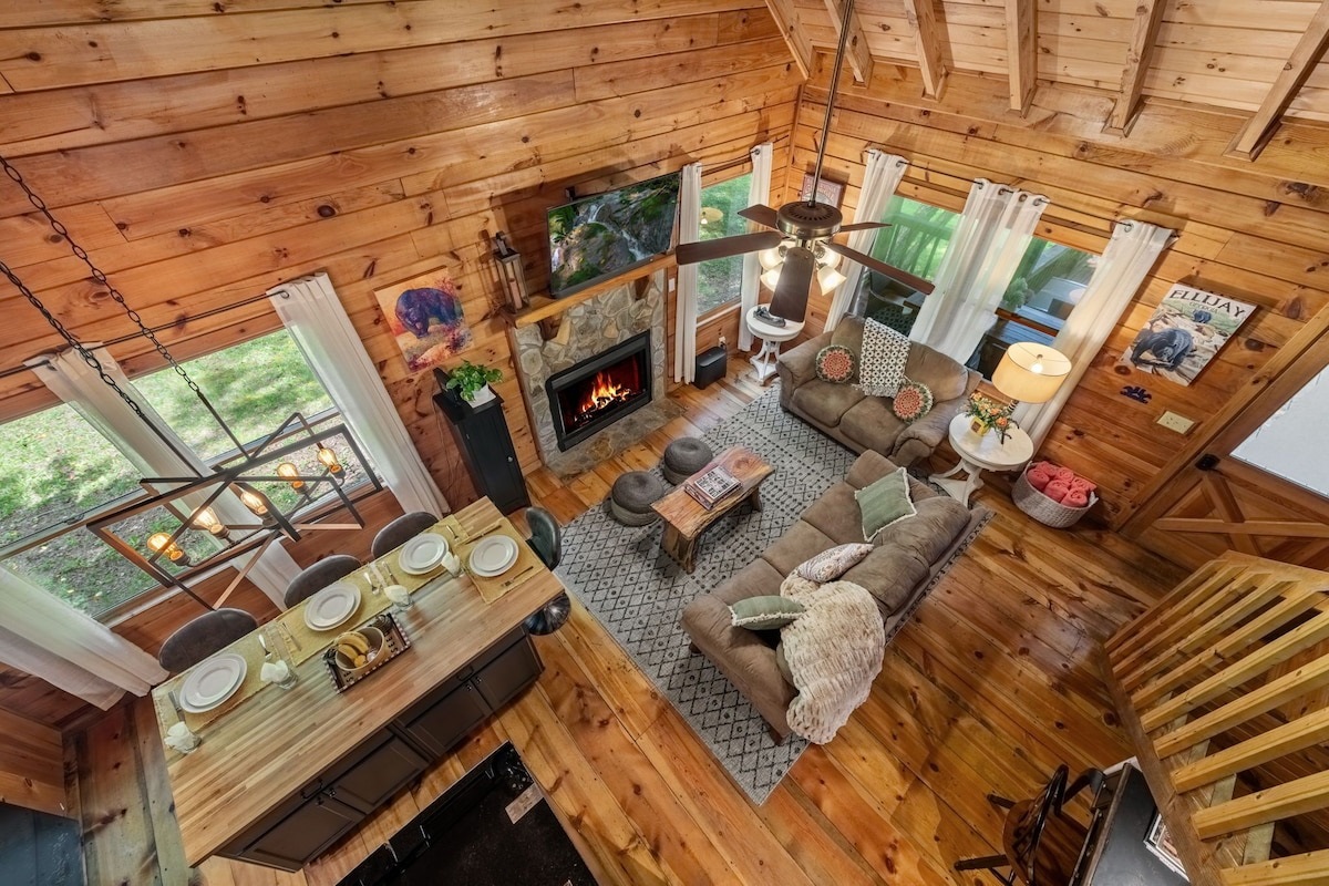 Overhead view of the living room and dining area.