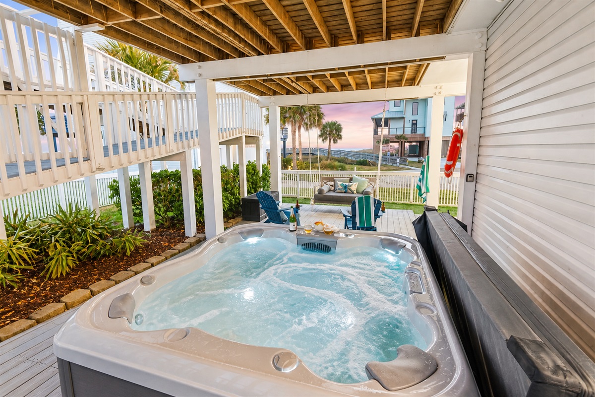 The spacious hot tub with seating up to 7 becomes the ultimate haven for relaxation during the tranquil nights.